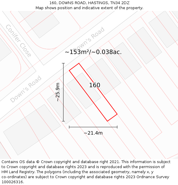 160, DOWNS ROAD, HASTINGS, TN34 2DZ: Plot and title map