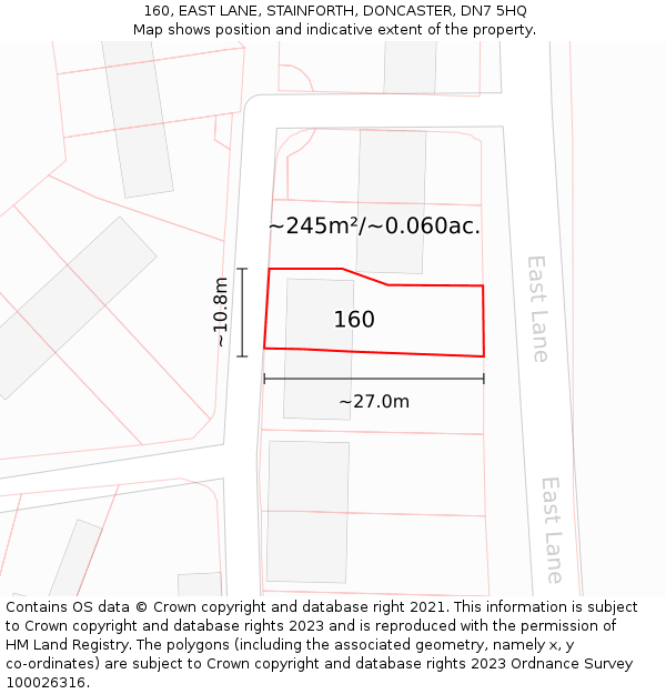 160, EAST LANE, STAINFORTH, DONCASTER, DN7 5HQ: Plot and title map