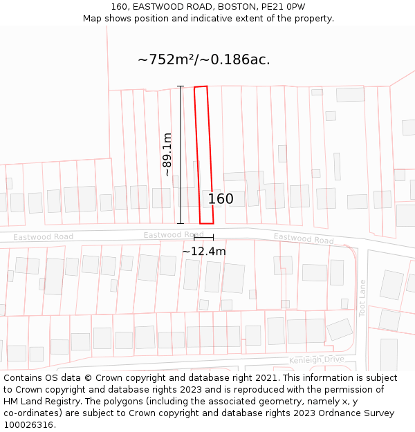 160, EASTWOOD ROAD, BOSTON, PE21 0PW: Plot and title map