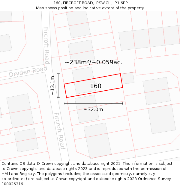 160, FIRCROFT ROAD, IPSWICH, IP1 6PP: Plot and title map