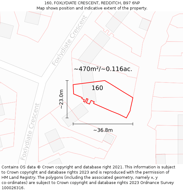160, FOXLYDIATE CRESCENT, REDDITCH, B97 6NP: Plot and title map