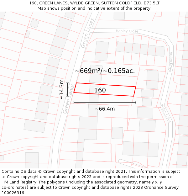 160, GREEN LANES, WYLDE GREEN, SUTTON COLDFIELD, B73 5LT: Plot and title map