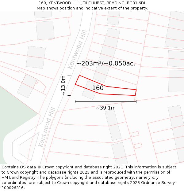 160, KENTWOOD HILL, TILEHURST, READING, RG31 6DL: Plot and title map