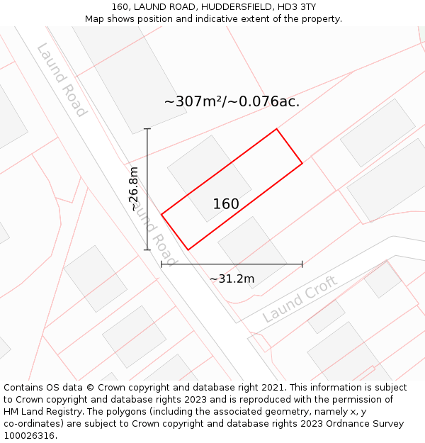 160, LAUND ROAD, HUDDERSFIELD, HD3 3TY: Plot and title map