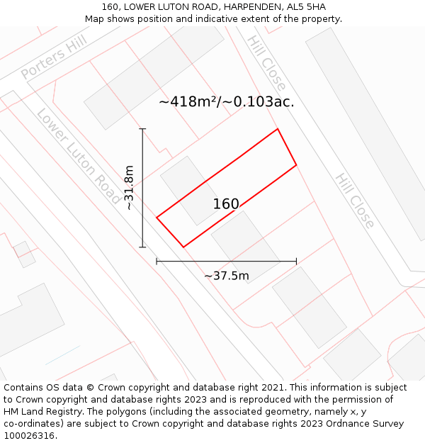 160, LOWER LUTON ROAD, HARPENDEN, AL5 5HA: Plot and title map