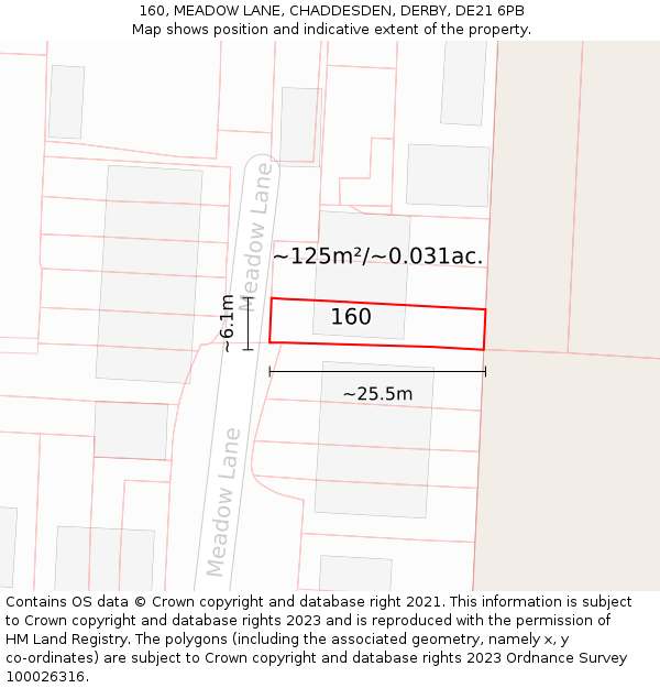 160, MEADOW LANE, CHADDESDEN, DERBY, DE21 6PB: Plot and title map