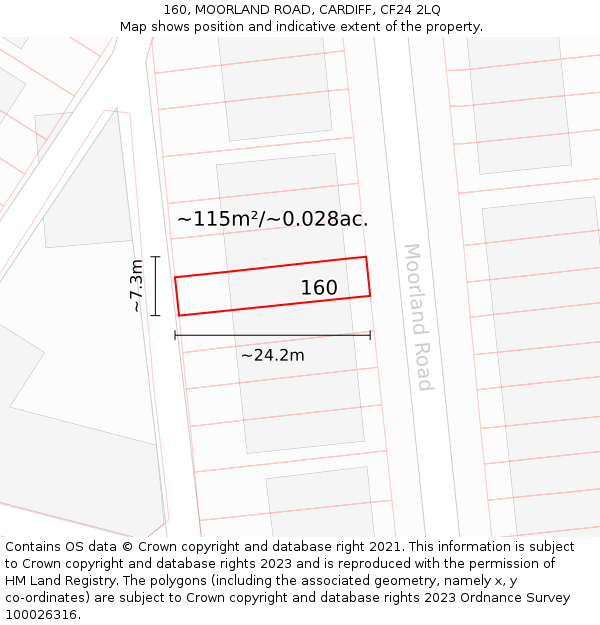 160, MOORLAND ROAD, CARDIFF, CF24 2LQ: Plot and title map