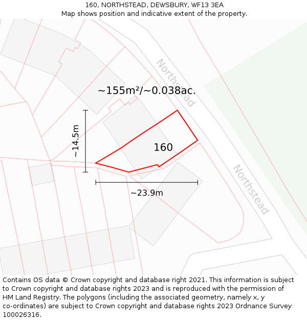 160, NORTHSTEAD, DEWSBURY, WF13 3EA: Plot and title map