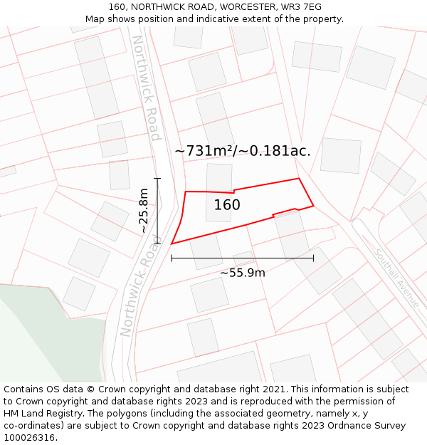 160, NORTHWICK ROAD, WORCESTER, WR3 7EG: Plot and title map