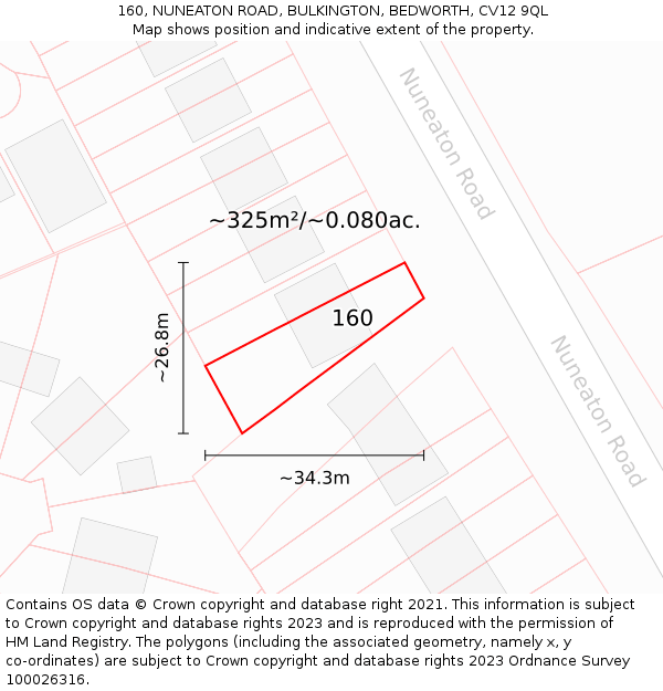 160, NUNEATON ROAD, BULKINGTON, BEDWORTH, CV12 9QL: Plot and title map