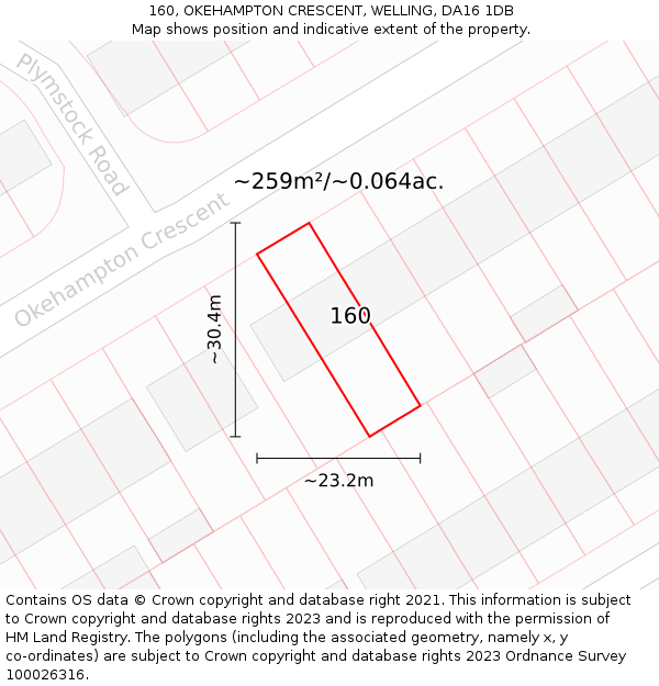160, OKEHAMPTON CRESCENT, WELLING, DA16 1DB: Plot and title map