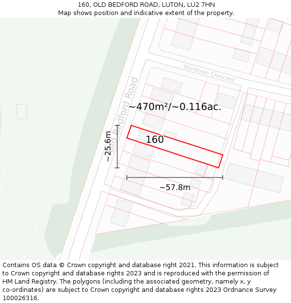 160, OLD BEDFORD ROAD, LUTON, LU2 7HN: Plot and title map
