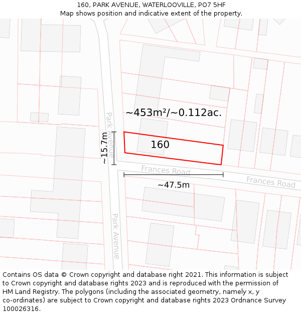 160, PARK AVENUE, WATERLOOVILLE, PO7 5HF: Plot and title map