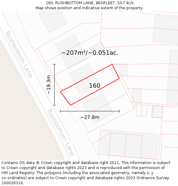 160, RUSHBOTTOM LANE, BENFLEET, SS7 4LN: Plot and title map