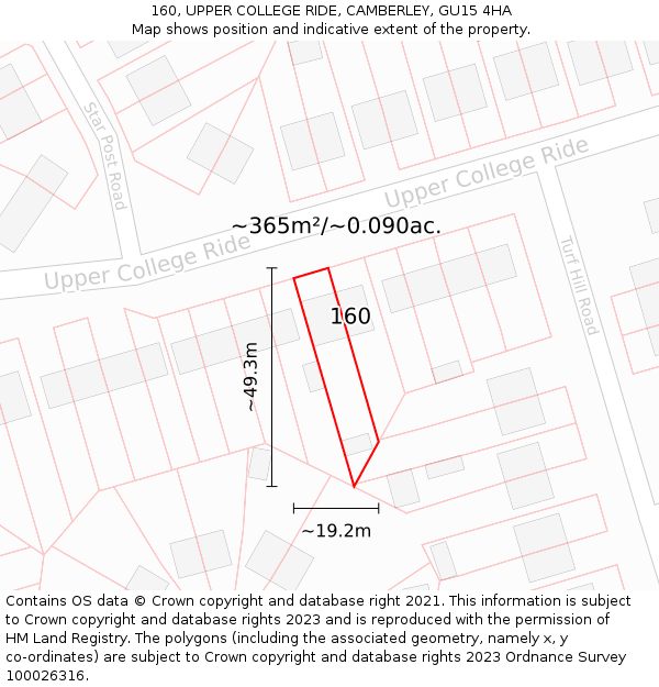 160, UPPER COLLEGE RIDE, CAMBERLEY, GU15 4HA: Plot and title map