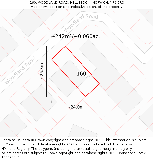 160, WOODLAND ROAD, HELLESDON, NORWICH, NR6 5RQ: Plot and title map