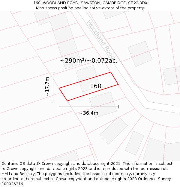 160, WOODLAND ROAD, SAWSTON, CAMBRIDGE, CB22 3DX: Plot and title map