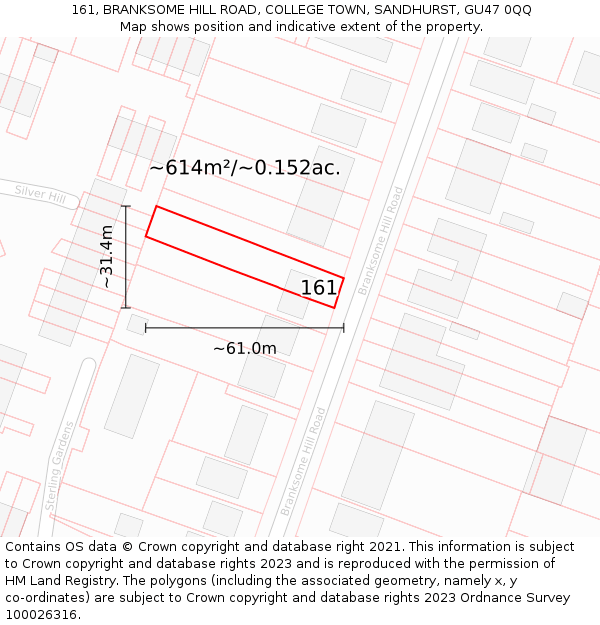 161, BRANKSOME HILL ROAD, COLLEGE TOWN, SANDHURST, GU47 0QQ: Plot and title map