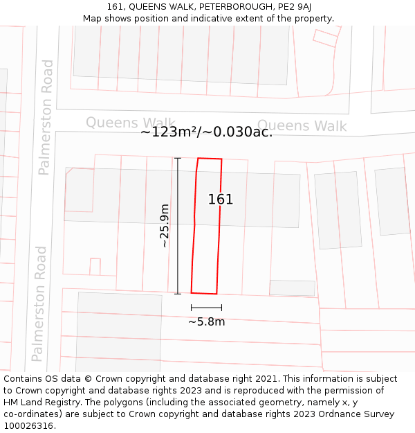 161, QUEENS WALK, PETERBOROUGH, PE2 9AJ: Plot and title map