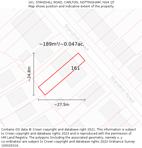161, STANDHILL ROAD, CARLTON, NOTTINGHAM, NG4 1JT: Plot and title map
