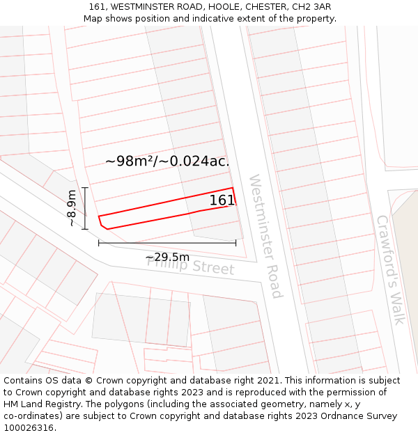 161, WESTMINSTER ROAD, HOOLE, CHESTER, CH2 3AR: Plot and title map