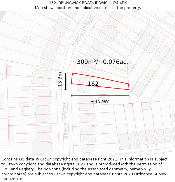 162, BRUNSWICK ROAD, IPSWICH, IP4 4BX: Plot and title map