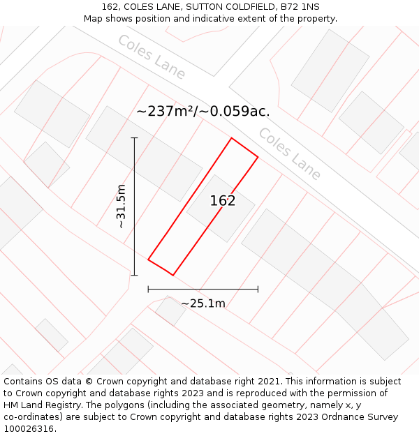 162, COLES LANE, SUTTON COLDFIELD, B72 1NS: Plot and title map