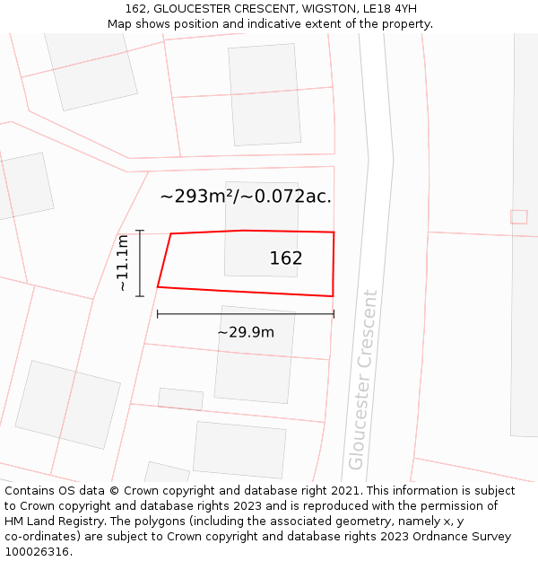 162, GLOUCESTER CRESCENT, WIGSTON, LE18 4YH: Plot and title map