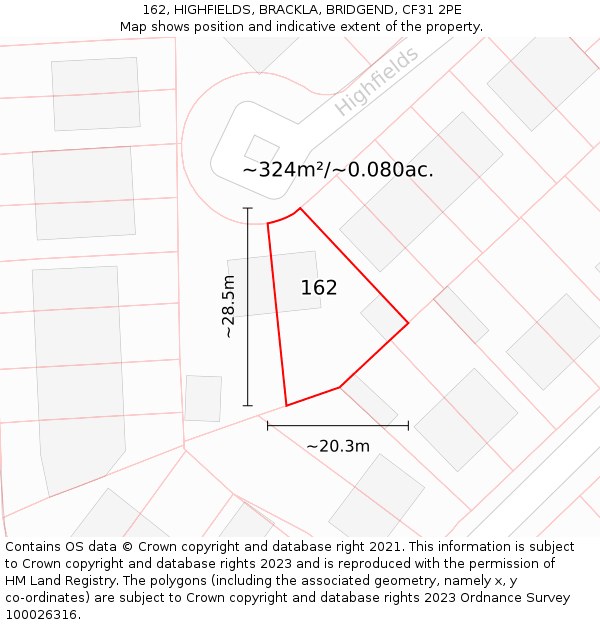 162, HIGHFIELDS, BRACKLA, BRIDGEND, CF31 2PE: Plot and title map