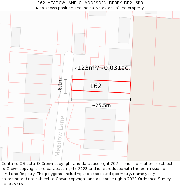 162, MEADOW LANE, CHADDESDEN, DERBY, DE21 6PB: Plot and title map