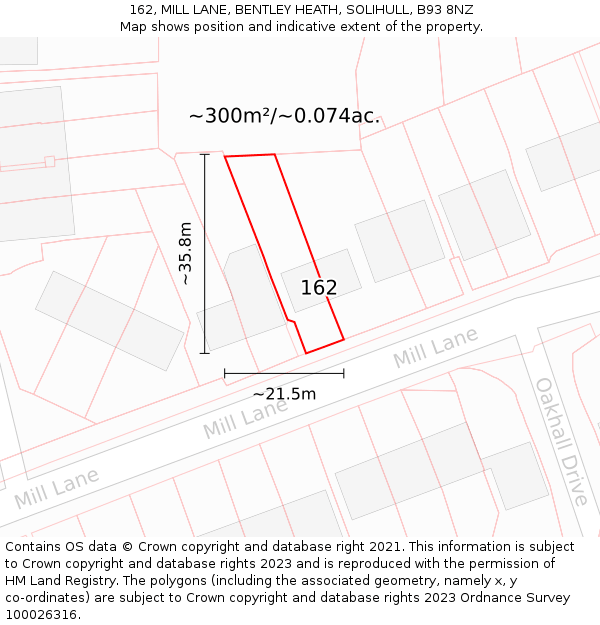 162, MILL LANE, BENTLEY HEATH, SOLIHULL, B93 8NZ: Plot and title map