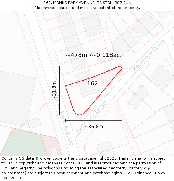 162, MONKS PARK AVENUE, BRISTOL, BS7 0UN: Plot and title map