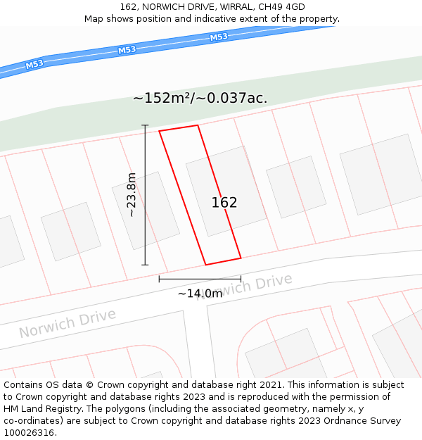 162, NORWICH DRIVE, WIRRAL, CH49 4GD: Plot and title map