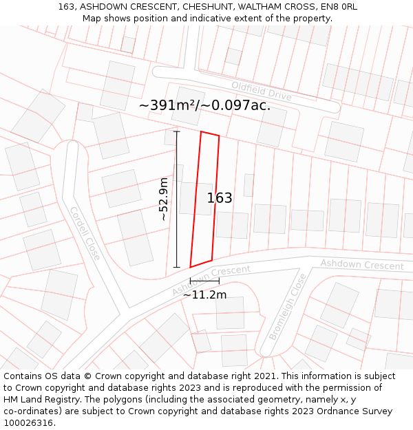 163, ASHDOWN CRESCENT, CHESHUNT, WALTHAM CROSS, EN8 0RL: Plot and title map