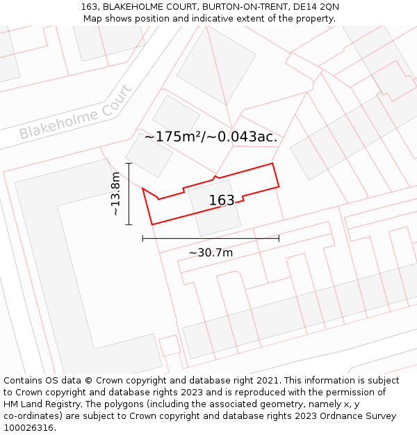 163, BLAKEHOLME COURT, BURTON-ON-TRENT, DE14 2QN: Plot and title map