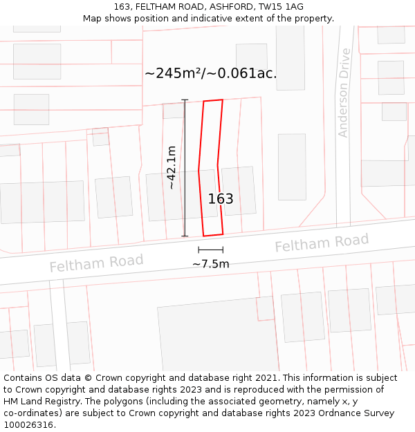 163, FELTHAM ROAD, ASHFORD, TW15 1AG: Plot and title map