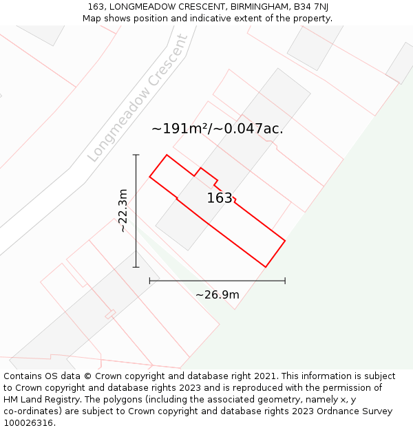 163, LONGMEADOW CRESCENT, BIRMINGHAM, B34 7NJ: Plot and title map