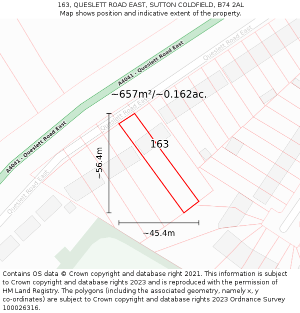 163, QUESLETT ROAD EAST, SUTTON COLDFIELD, B74 2AL: Plot and title map