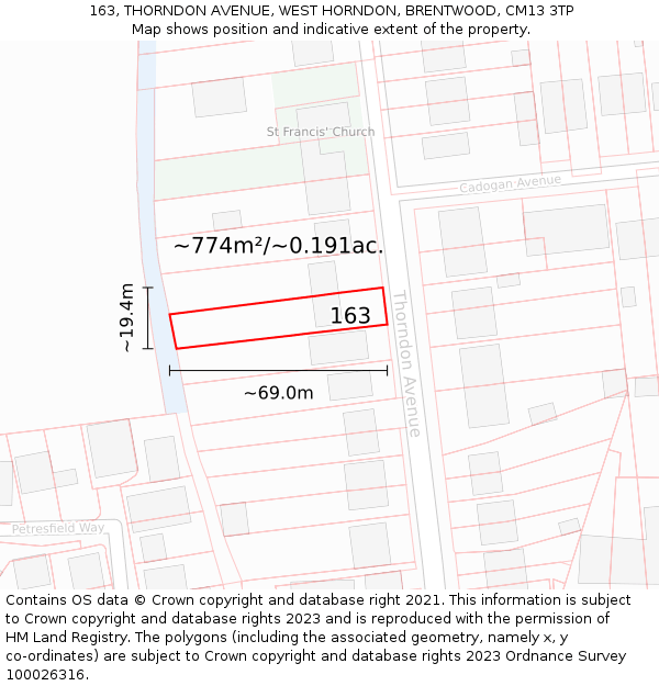 163, THORNDON AVENUE, WEST HORNDON, BRENTWOOD, CM13 3TP: Plot and title map