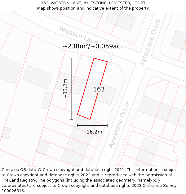 163, WIGSTON LANE, AYLESTONE, LEICESTER, LE2 8TJ: Plot and title map