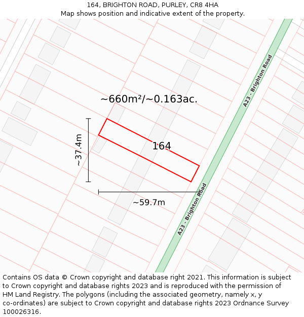 164, BRIGHTON ROAD, PURLEY, CR8 4HA: Plot and title map