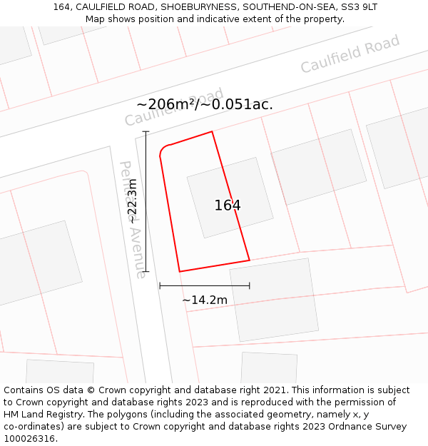 164, CAULFIELD ROAD, SHOEBURYNESS, SOUTHEND-ON-SEA, SS3 9LT: Plot and title map
