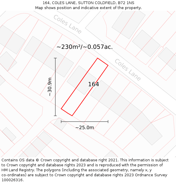 164, COLES LANE, SUTTON COLDFIELD, B72 1NS: Plot and title map