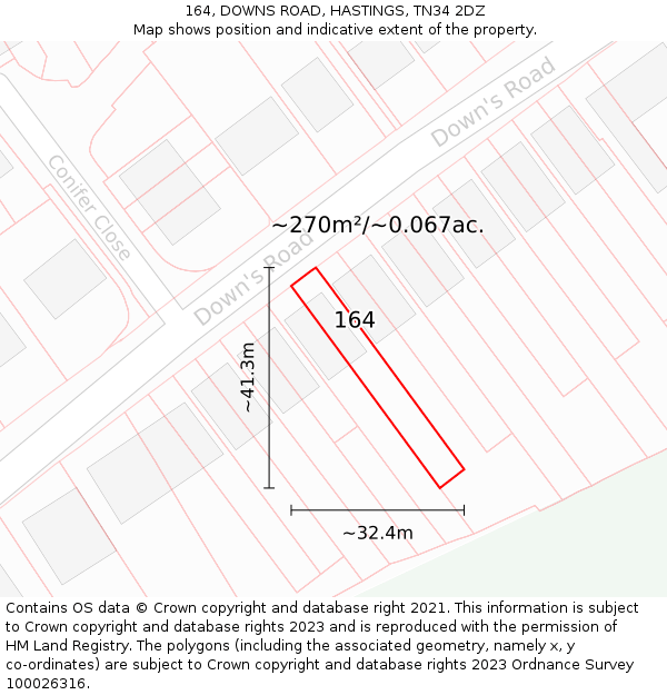 164, DOWNS ROAD, HASTINGS, TN34 2DZ: Plot and title map