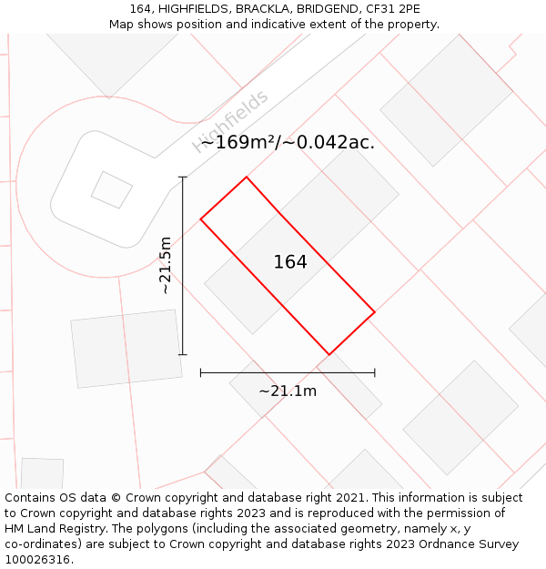 164, HIGHFIELDS, BRACKLA, BRIDGEND, CF31 2PE: Plot and title map