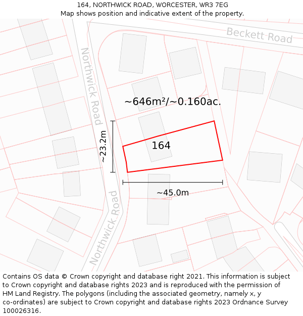 164, NORTHWICK ROAD, WORCESTER, WR3 7EG: Plot and title map