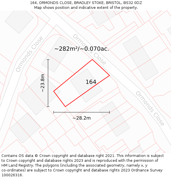 164, ORMONDS CLOSE, BRADLEY STOKE, BRISTOL, BS32 0DZ: Plot and title map