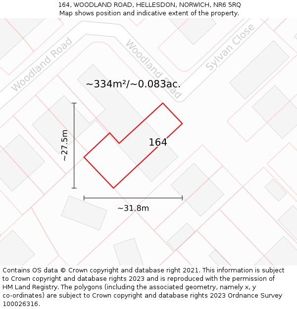 164, WOODLAND ROAD, HELLESDON, NORWICH, NR6 5RQ: Plot and title map