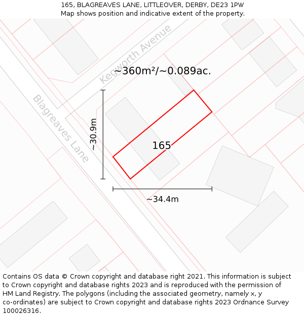165, BLAGREAVES LANE, LITTLEOVER, DERBY, DE23 1PW: Plot and title map