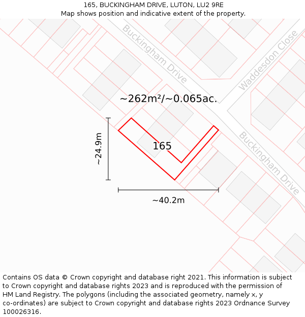 165, BUCKINGHAM DRIVE, LUTON, LU2 9RE: Plot and title map
